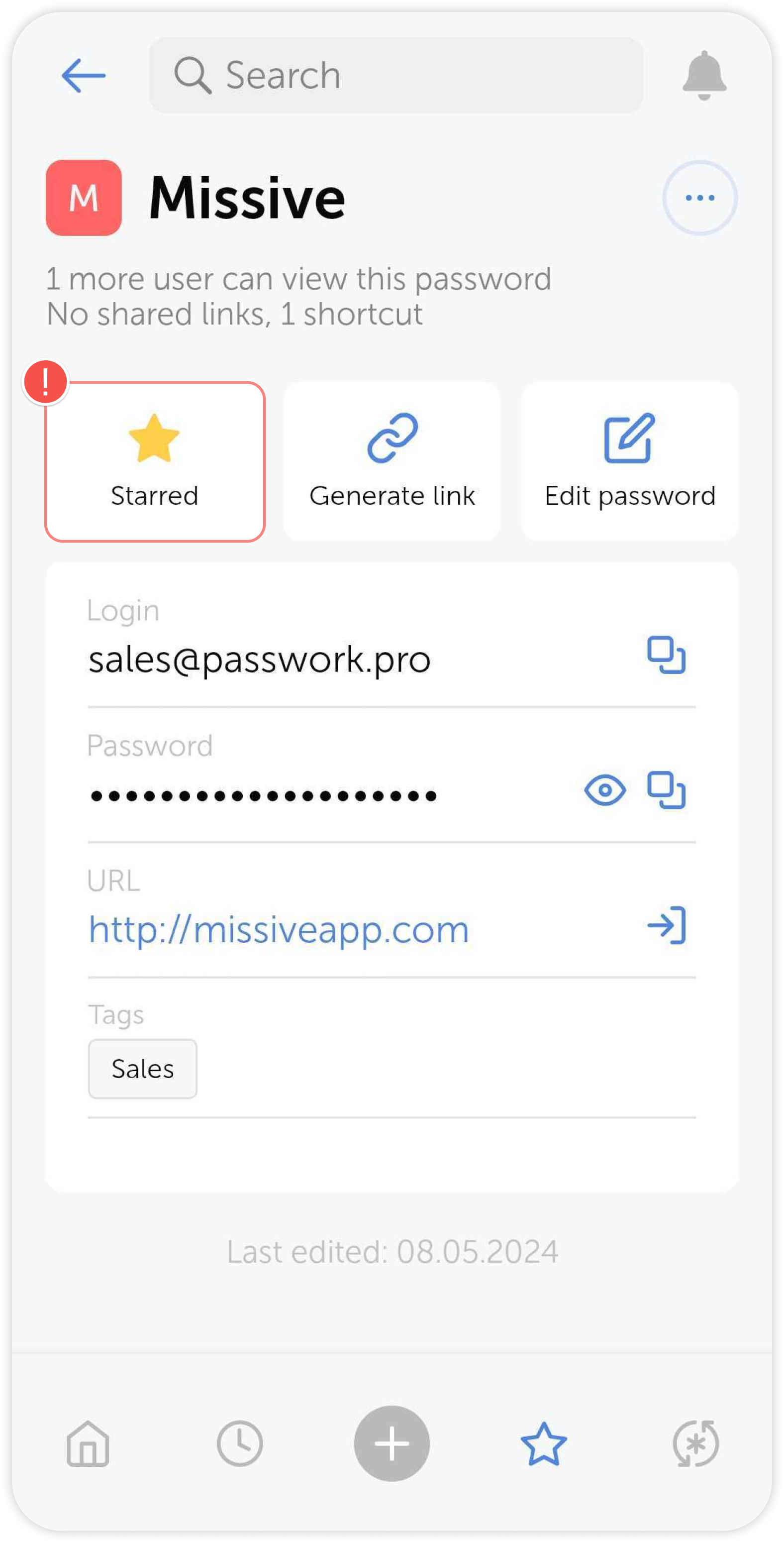 Starred button in password card