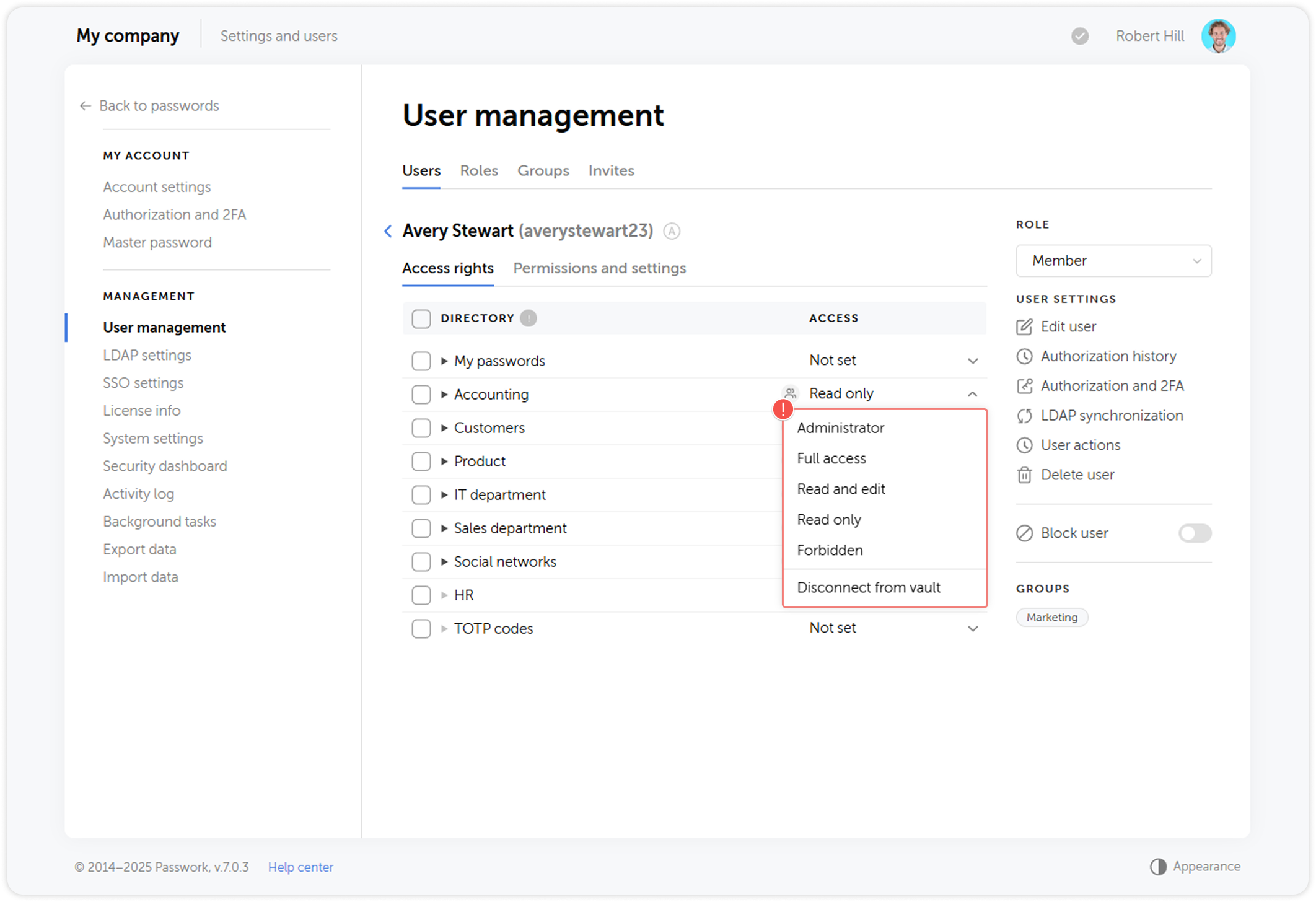 Access level dropdown menu