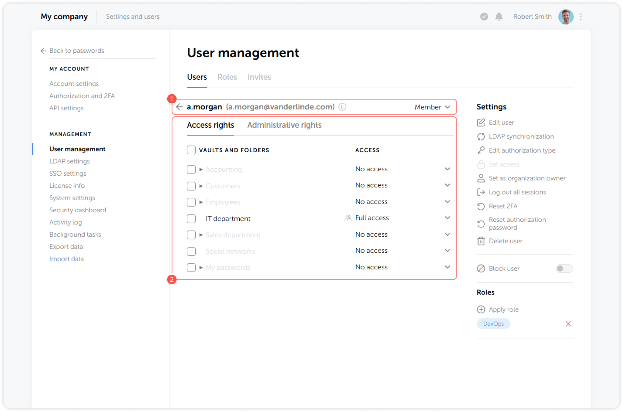 User access rights page