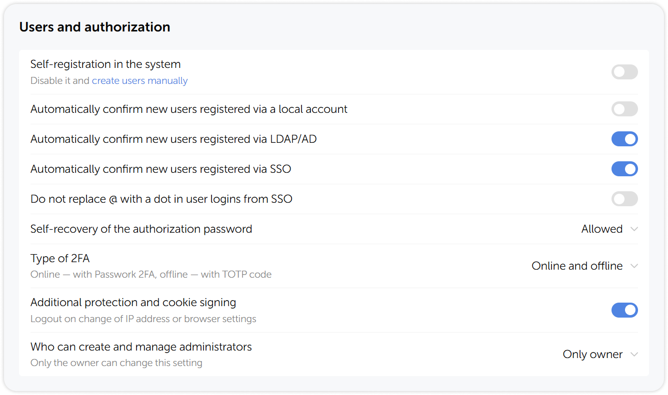 Users and authorization settings