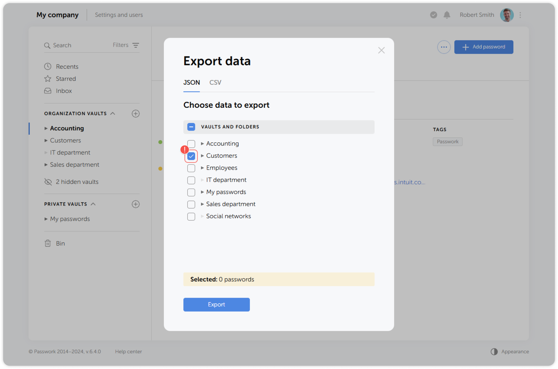 Export format selection window