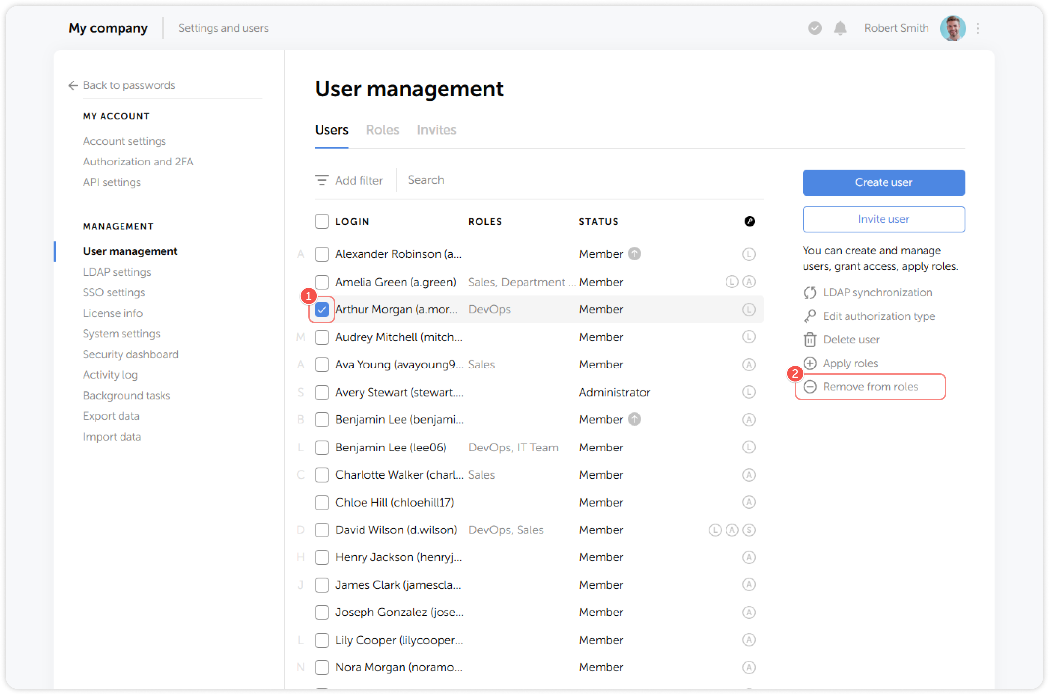 Remove from roles button