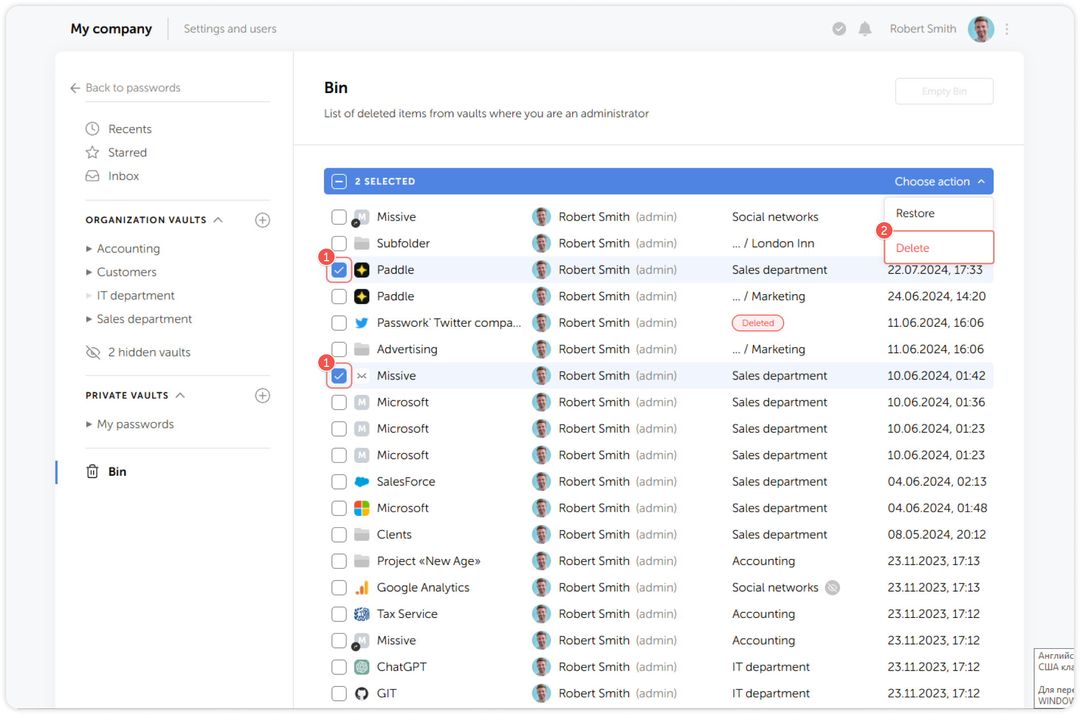 Delete selected items from bin