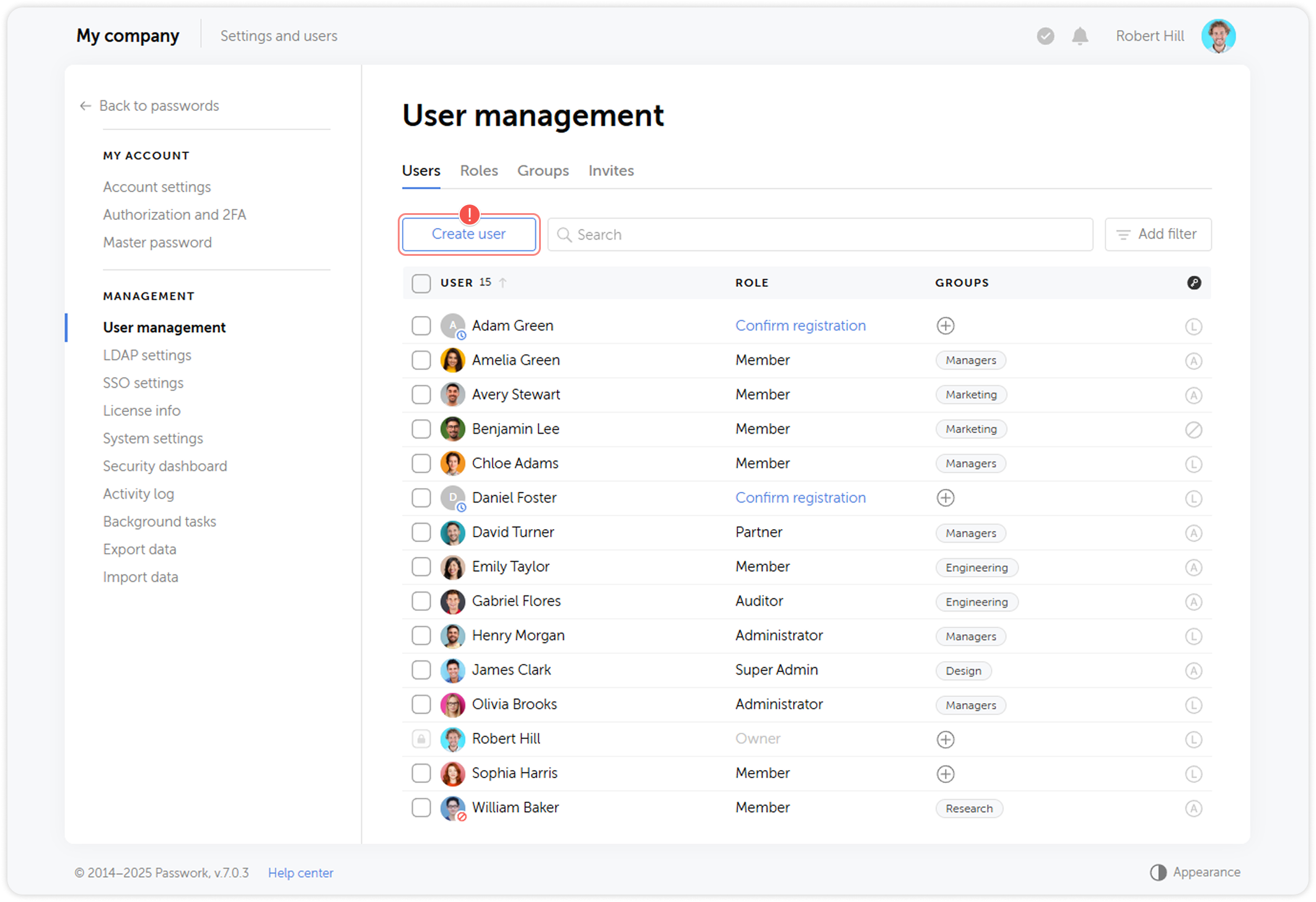 Create user button