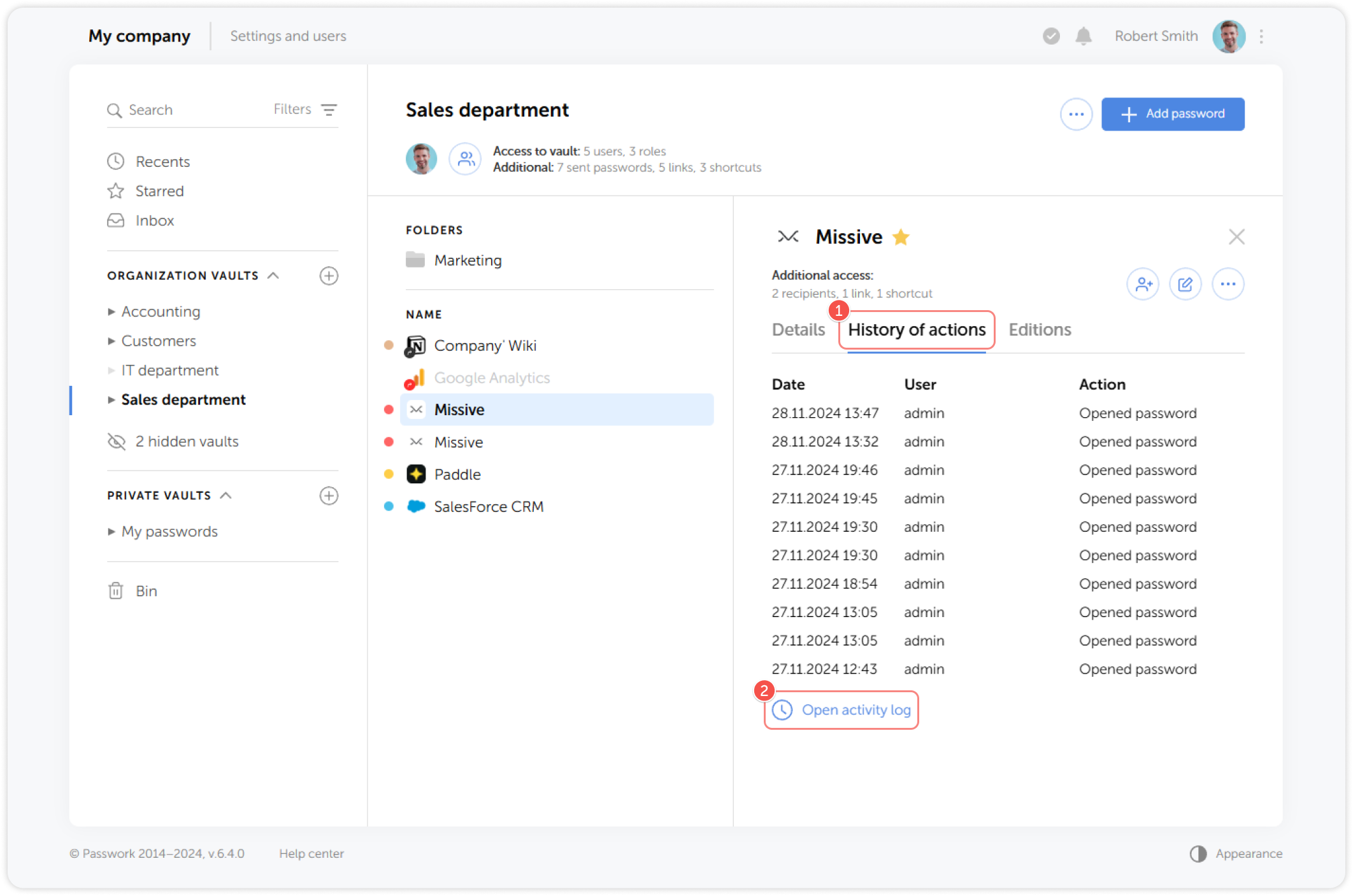 History of actions tab