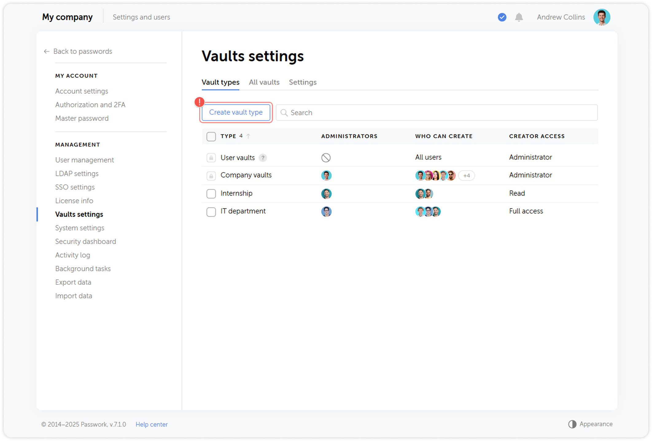 Creating vault type