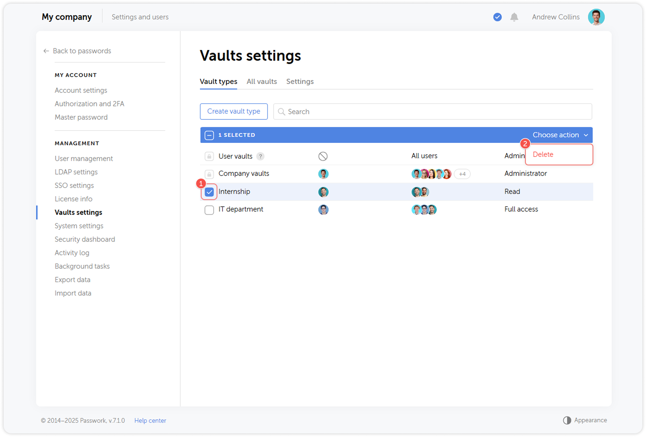 Vault type deletion