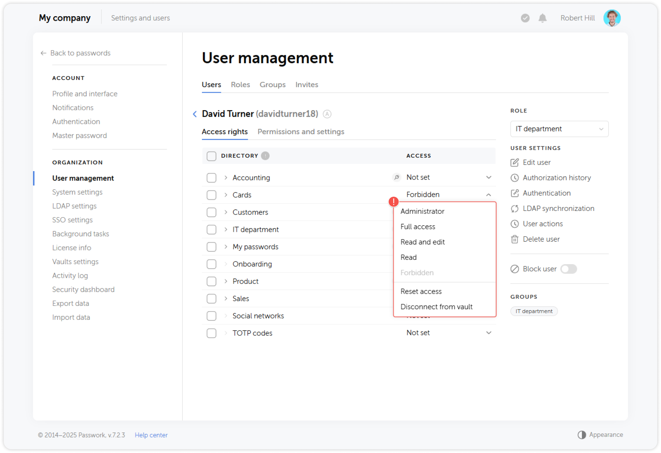 Access level dropdown menu