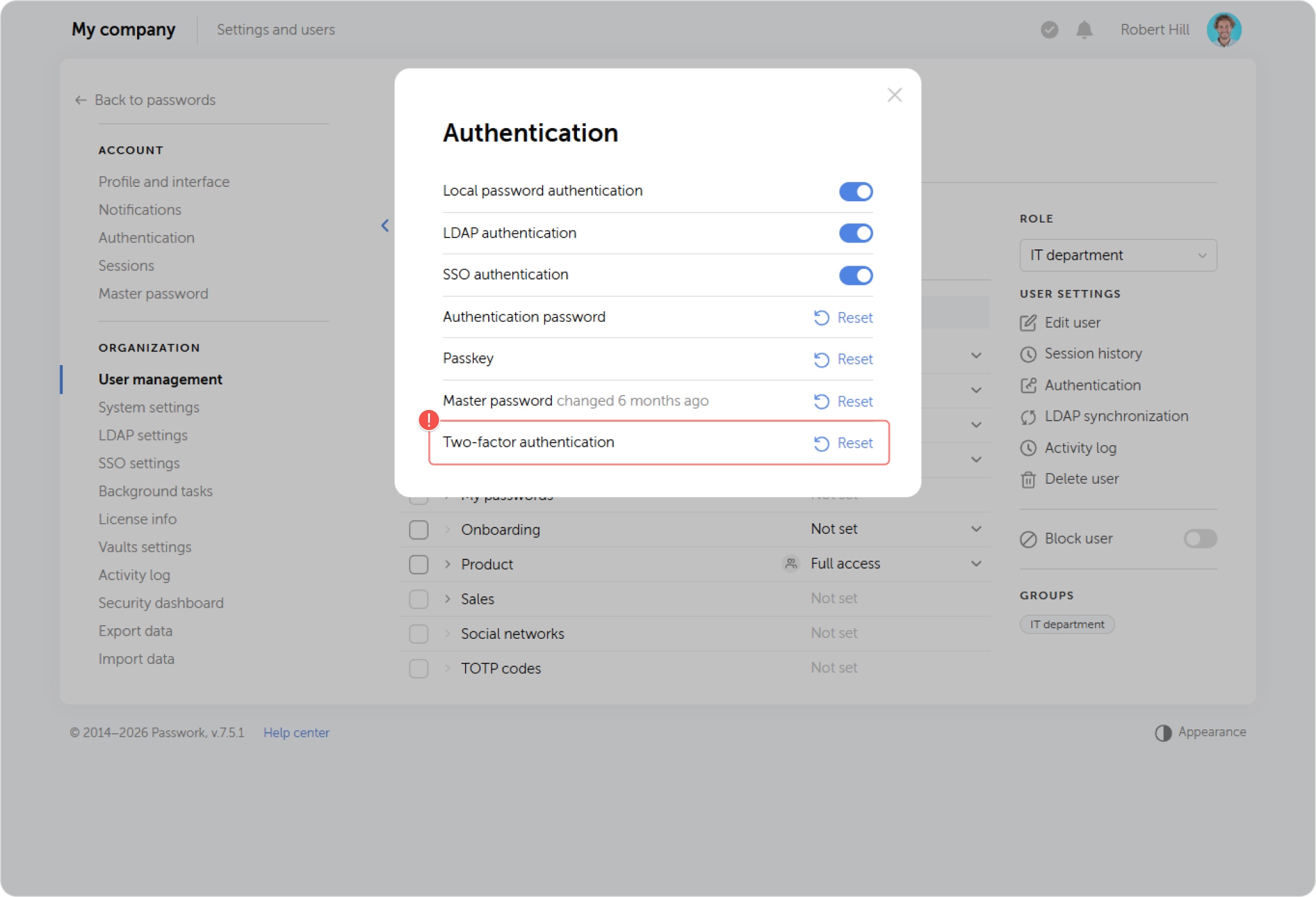 Opción de restablecer 2FA