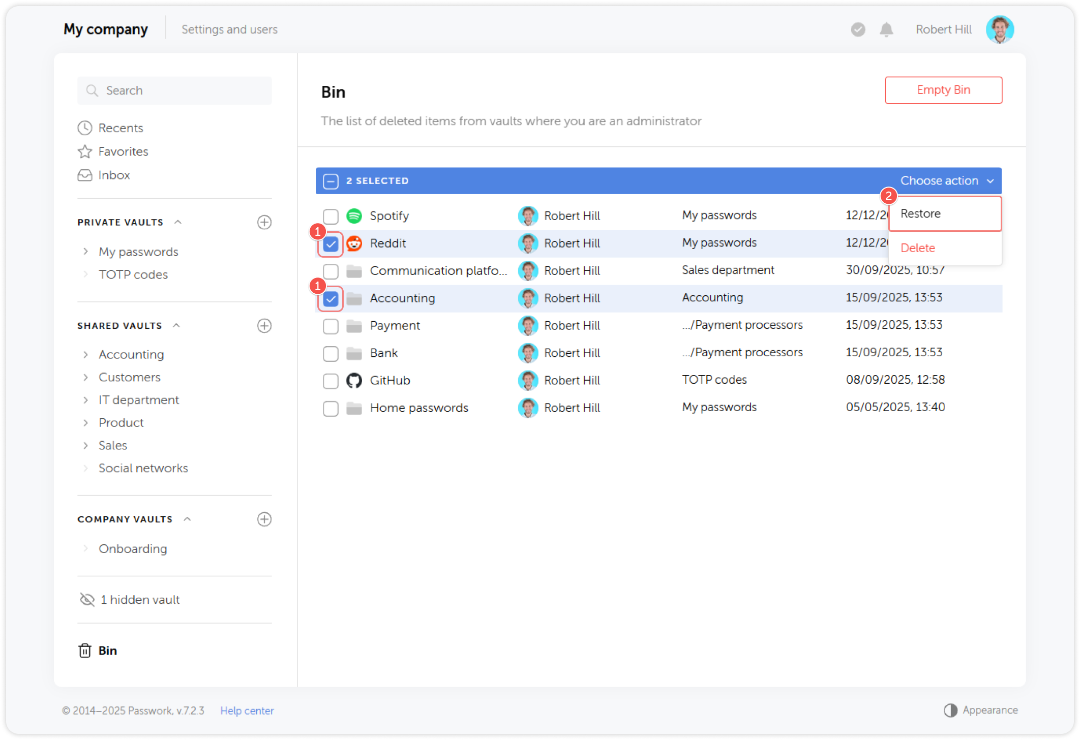 Restore items from bin