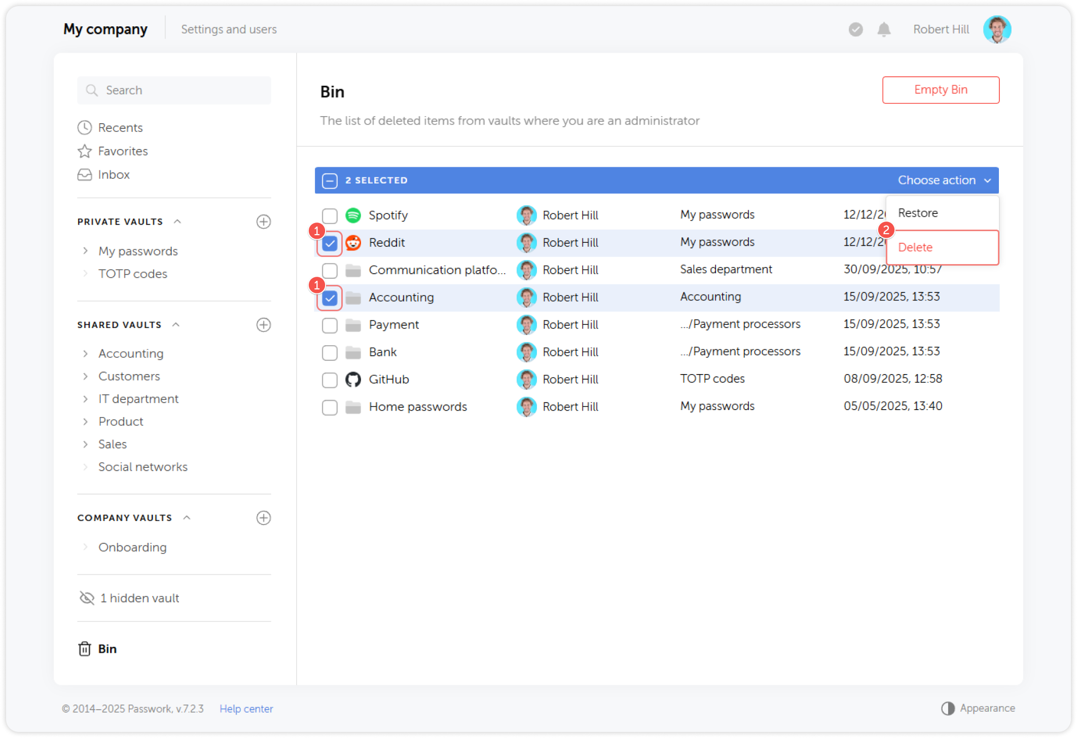 Delete selected items from bin