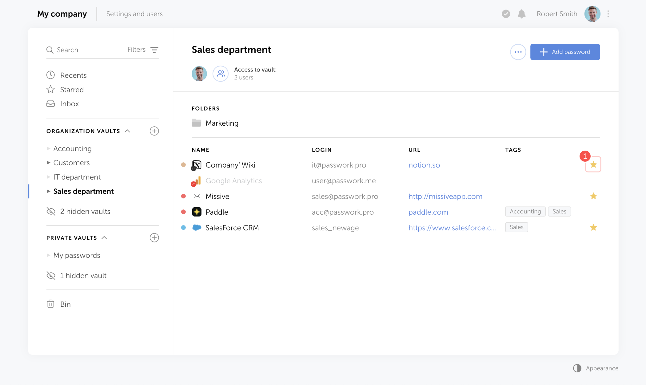 Star icon in content pane