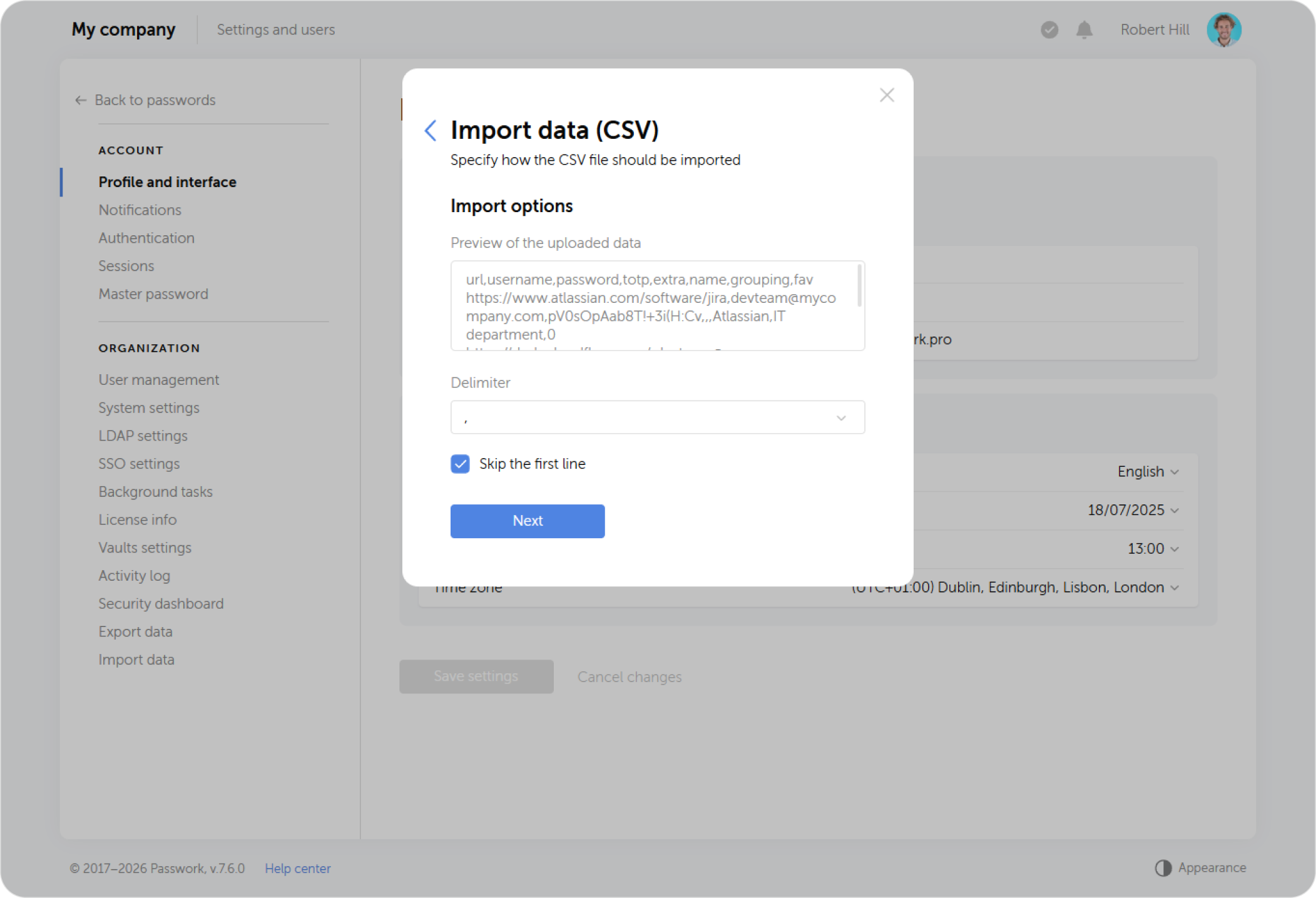 CSV import settings