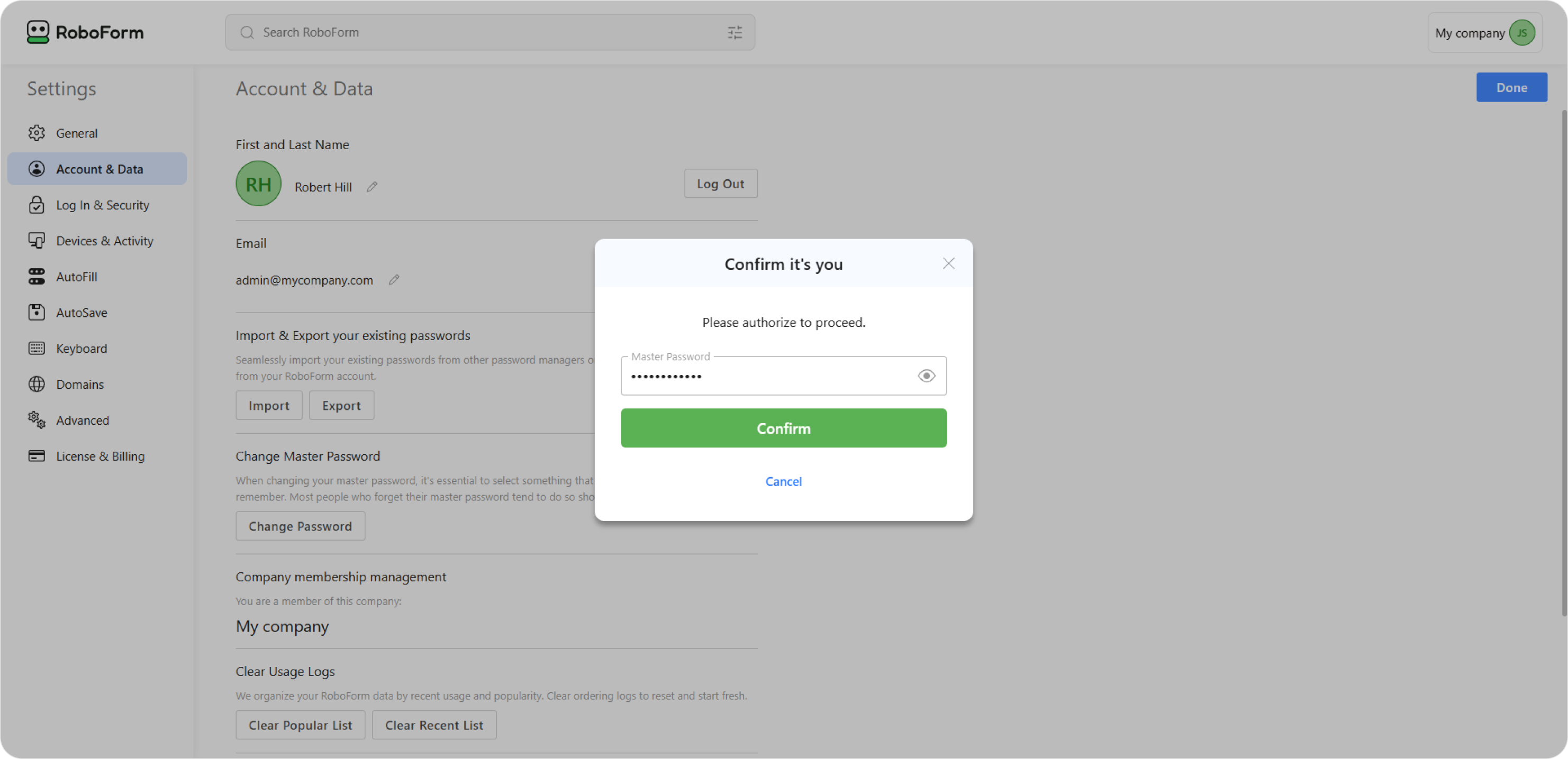 Entering the master password