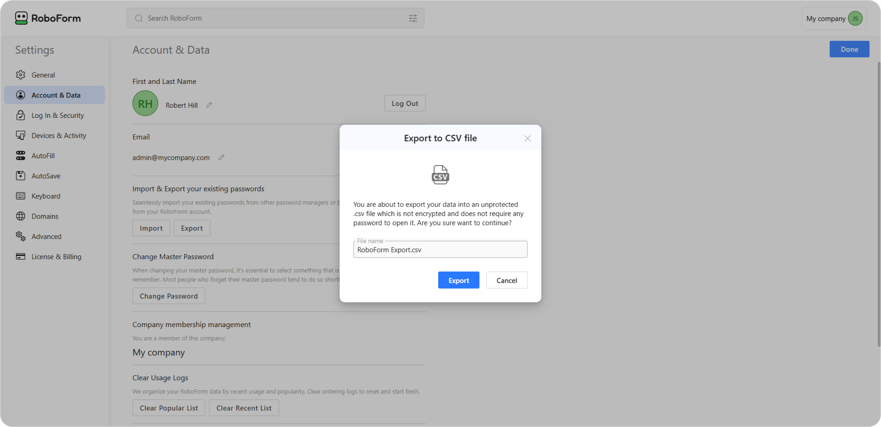 Entering the master password
