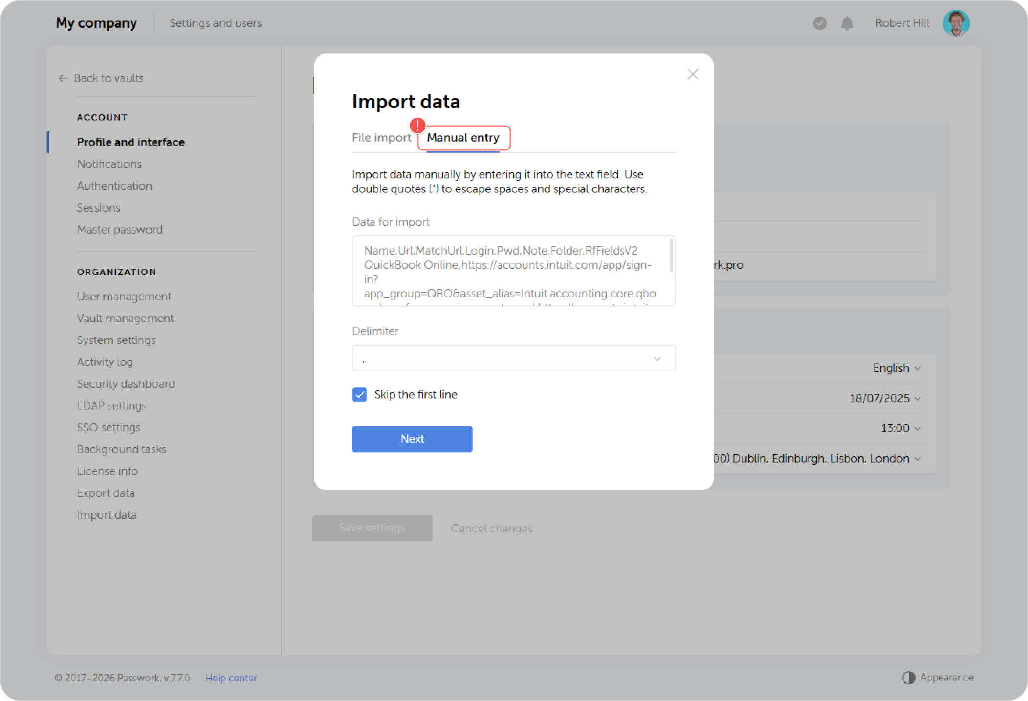 CSV import — data preview