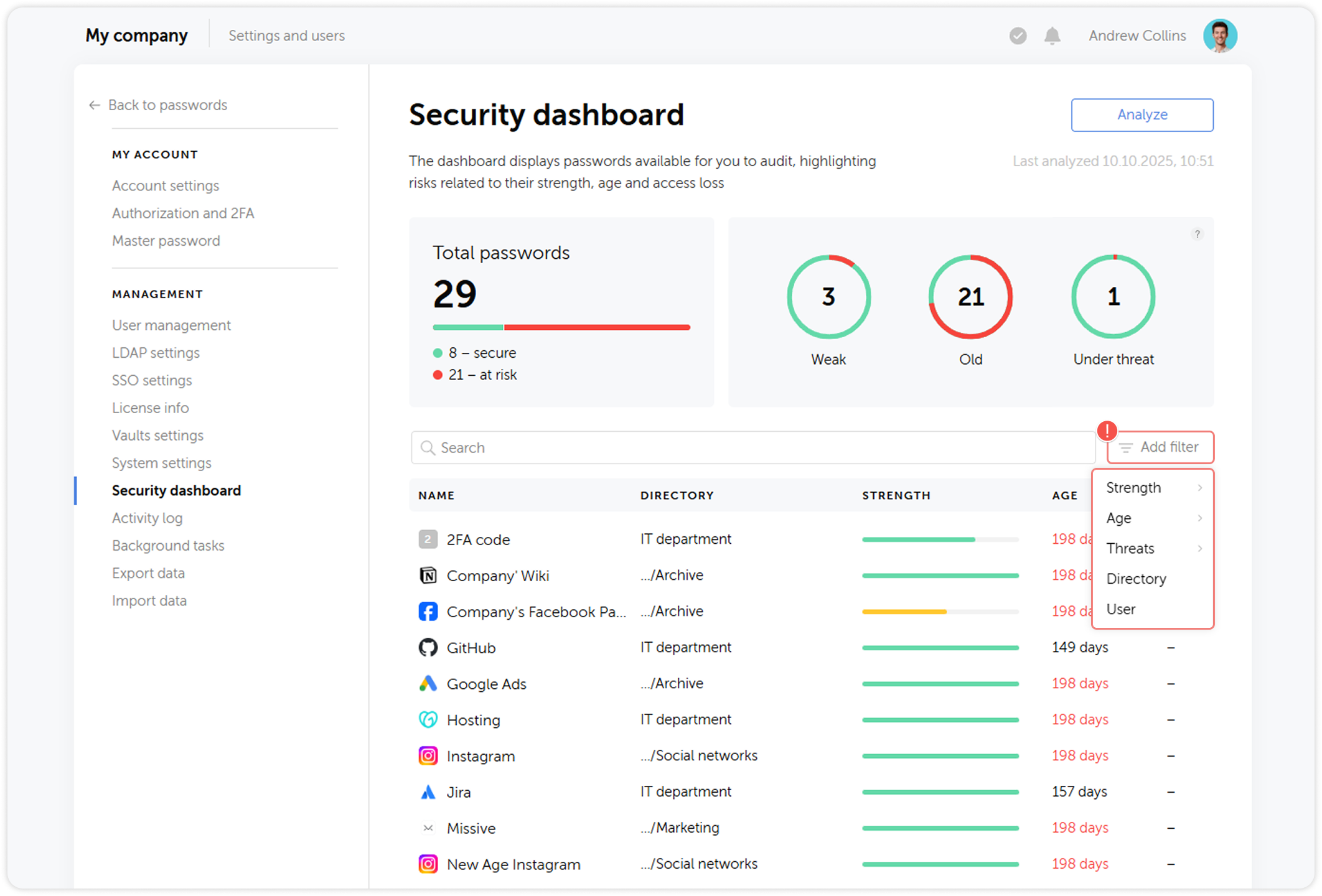 Filter dropdown menu