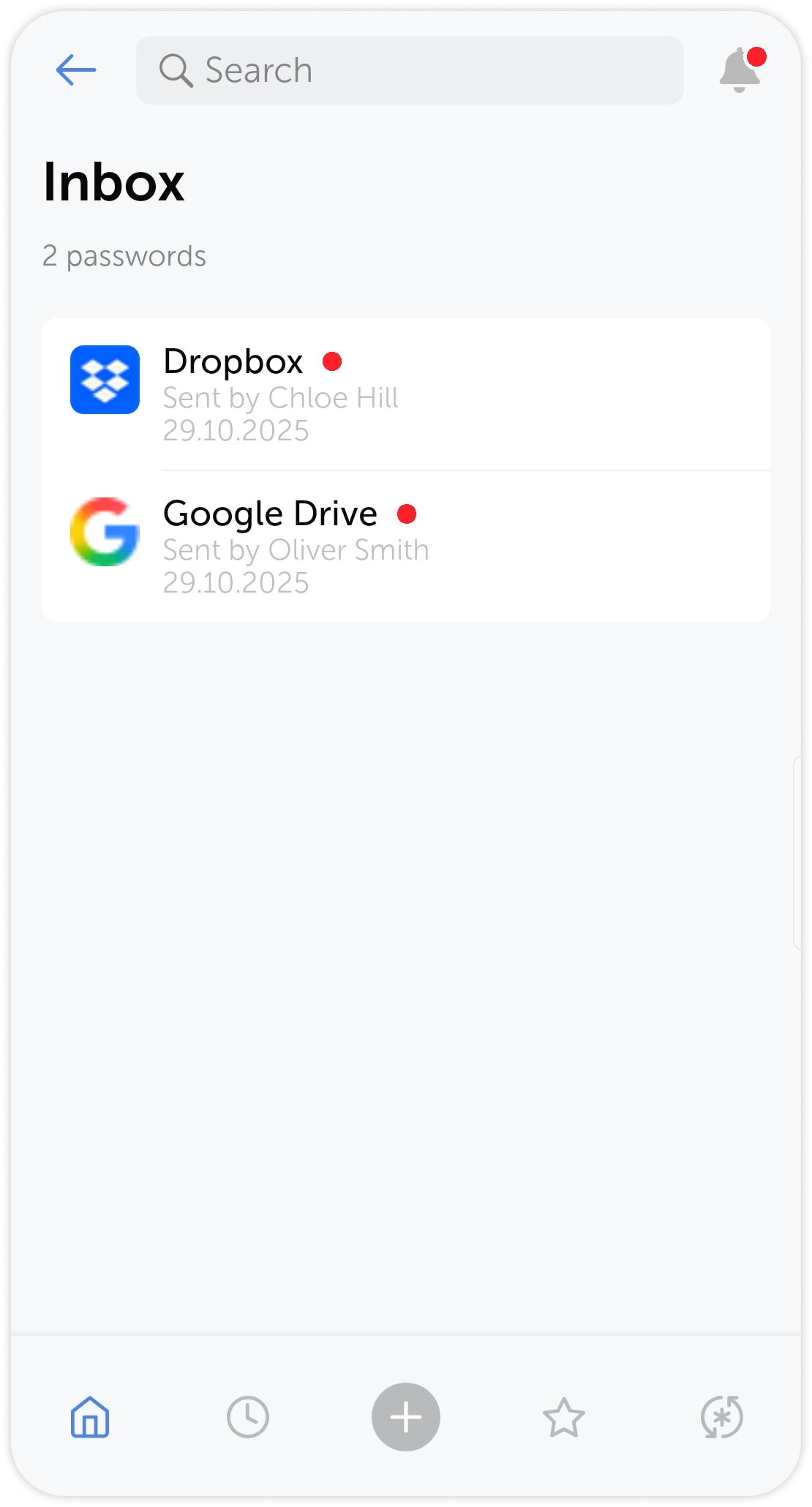 Inbox with shared passwords