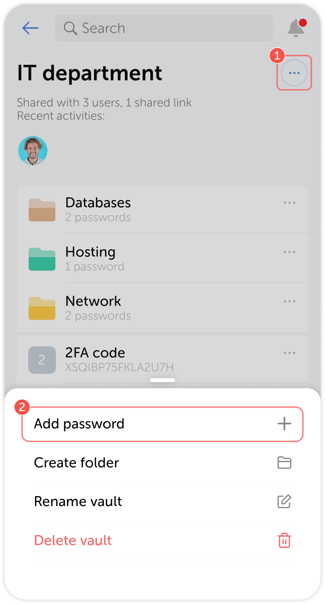 Vault and folder actions menu