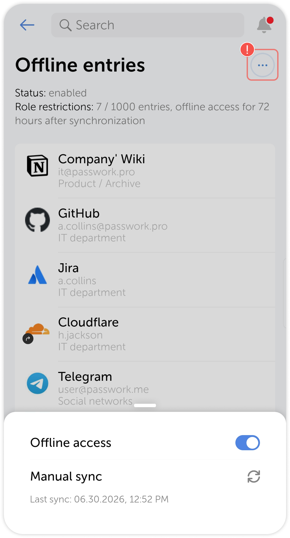 Managing offline entries