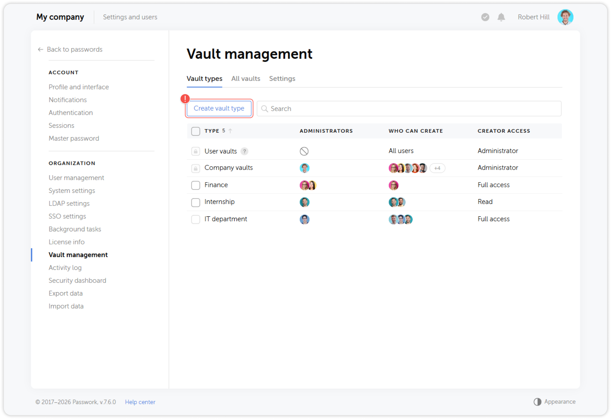 Creating vault type